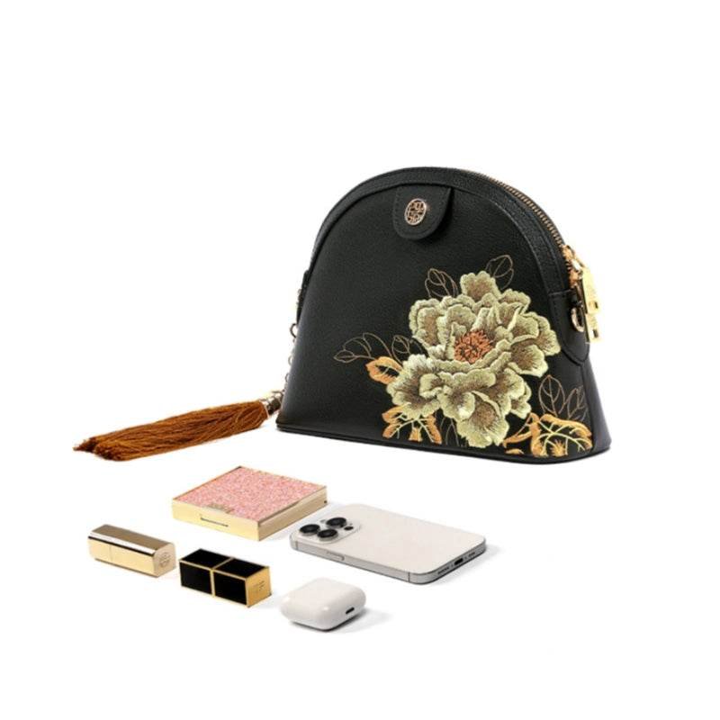 Embroidery Leather Shoulder Bag High Luxury Royal Gold Peony - 画像 (6)