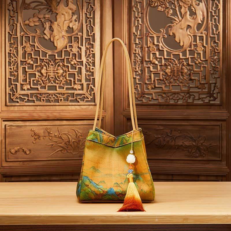 Chinese Painting Mulberry Silk Bucket Bag Vintage Handbag – Image 4