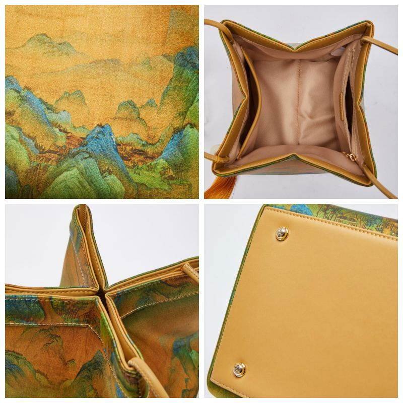 Chinese Painting Mulberry Silk Bucket Bag Vintage Handbag – Image 7