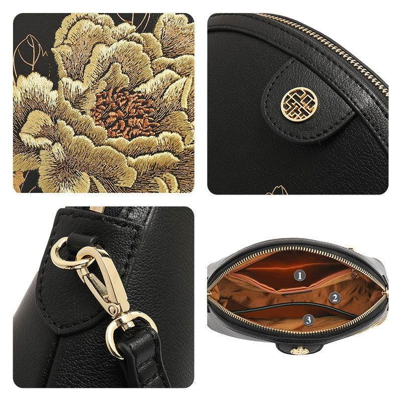Embroidery Leather Shoulder Bag High Luxury Royal Gold Peony - 画像 (7)