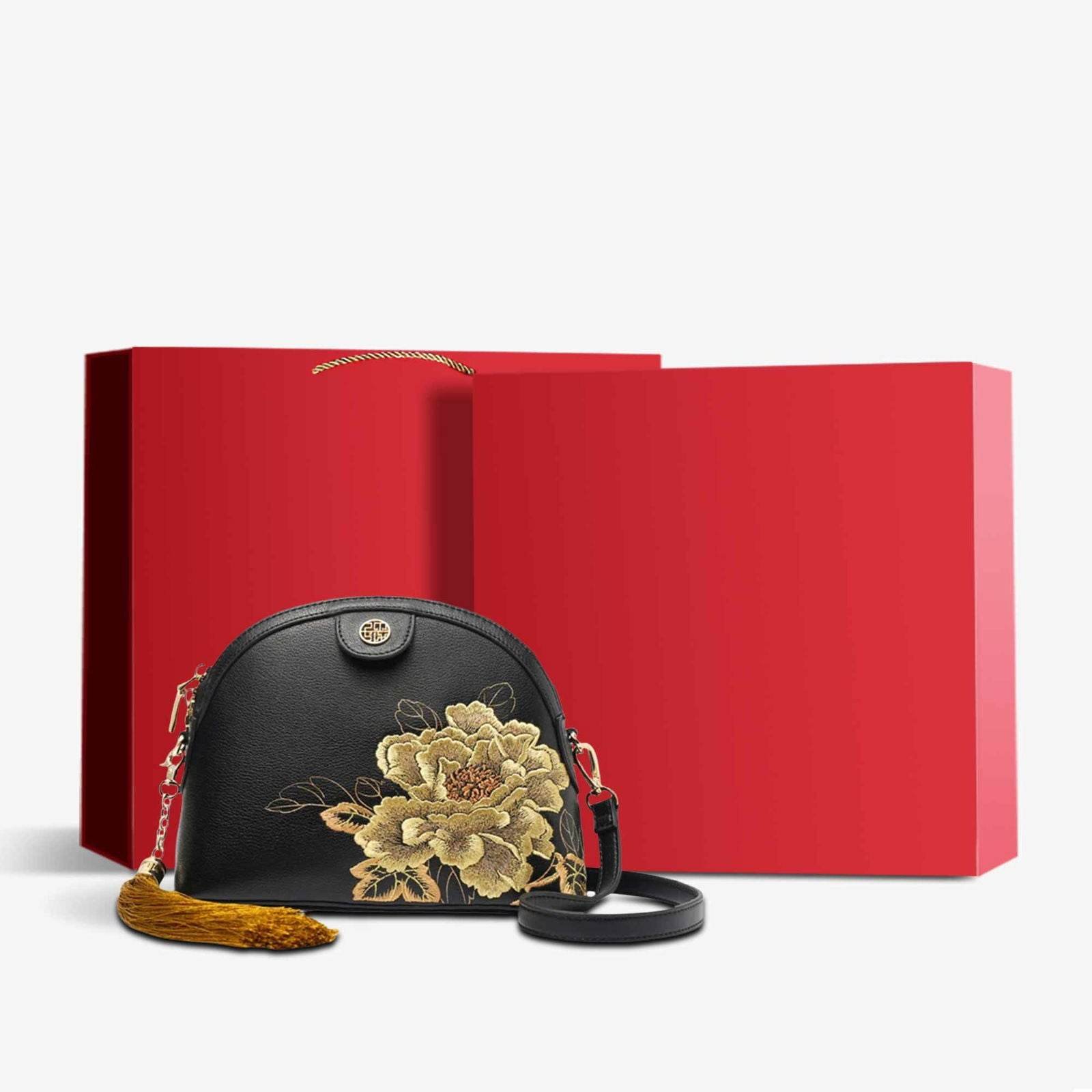 Embroidery Leather Shoulder Bag High Luxury Royal Gold Peony - 画像 (12)