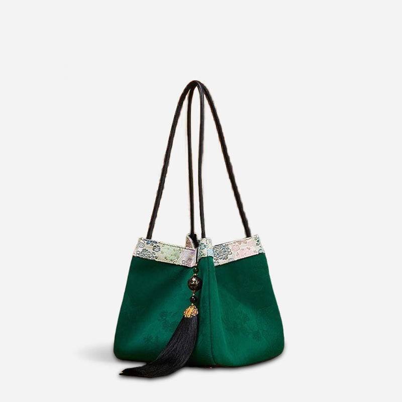 Xiangyunsha Silk Jacquard Vintage Green Bucket Bag – Image 7