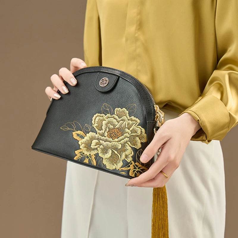 Embroidery Leather Shoulder Bag High Luxury Royal Gold Peony - 画像 (2)