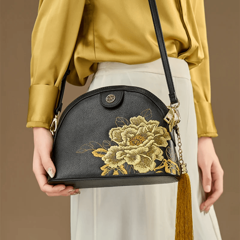 Embroidery Leather Shoulder Bag High Luxury Royal Gold Peony - 画像 (4)