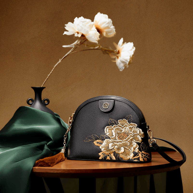 Embroidery Leather Shoulder Bag High Luxury Royal Gold Peony - 画像 (5)